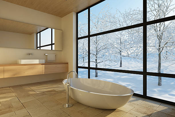 A remodeled bathroom glistens from the sunlight that emits from the floor-to-ceiling windows.