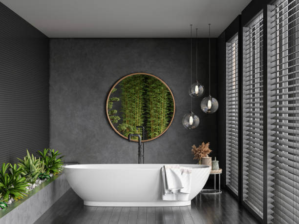 A Modern Bathroom with White Bathtub Gray Walls Round Mirror & Parquet Floor in a Boston, MA Home